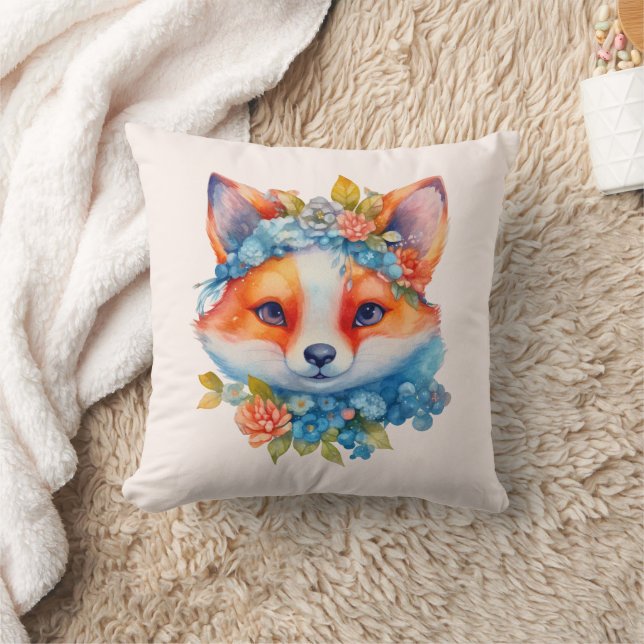 Cute Orange Fox with Floral Crown Throw Pillow (Blanket)