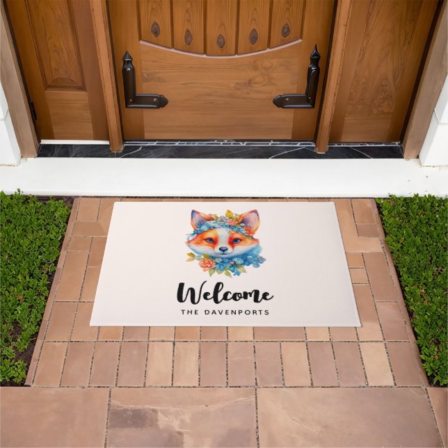 Cute Orange Fox with Floral Crown Welcome Doormat (Outdoor)