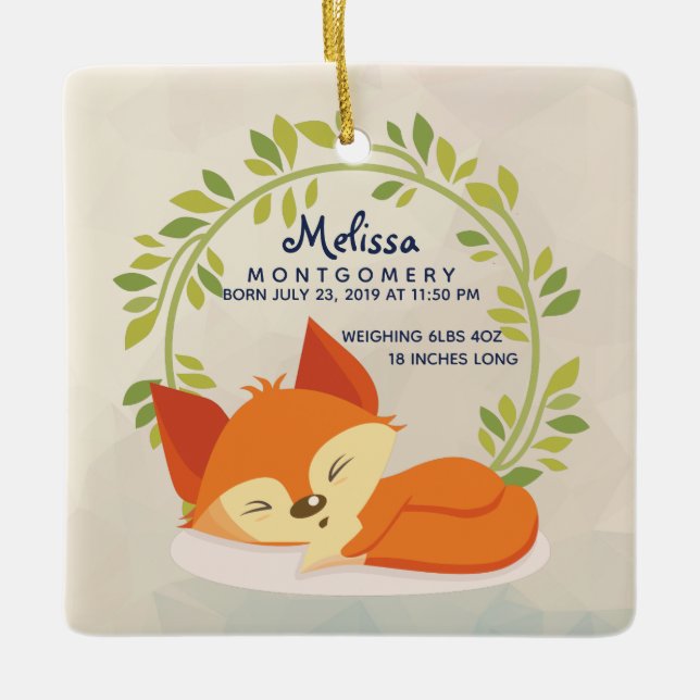 Cute Orange Fox with Green Leaves Wreath Birth Ceramic Ornament (Front)