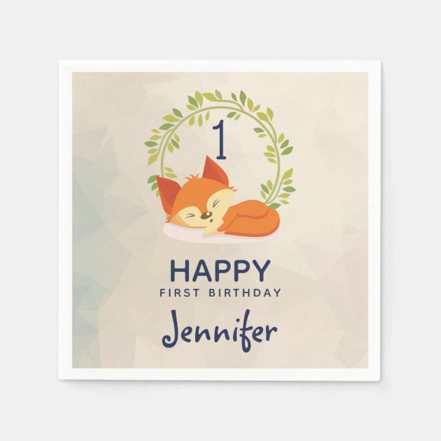 Cute Orange Fox with Green Leaves Wreath Birthday Napkins (Front)
