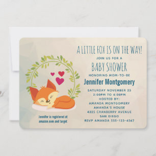 Cute Orange Fox with Green Wreath Baby Shower Invitation