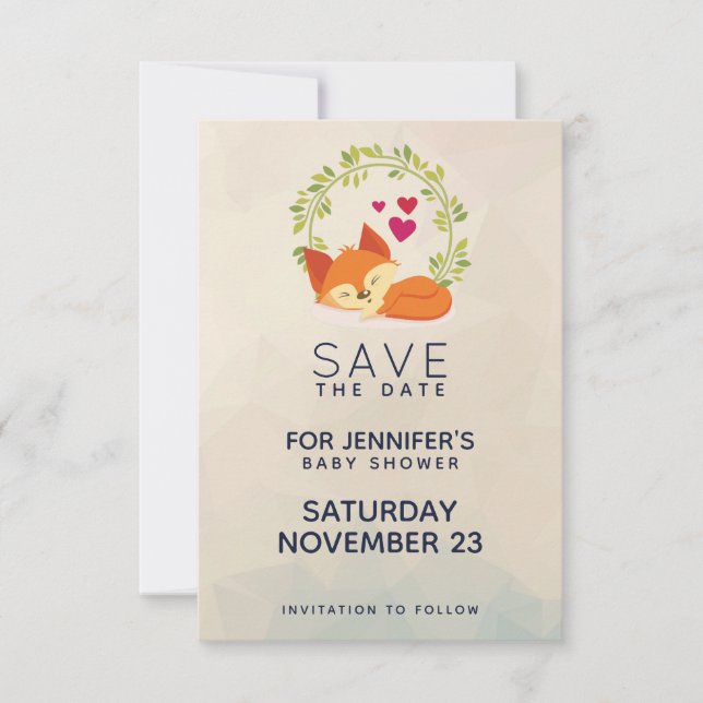 Cute Orange Fox with Green Wreath Baby Shower Save The Date (Front)