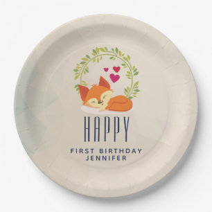 Cute Orange Fox with Wreath and Hearts  Birthday Paper Plates