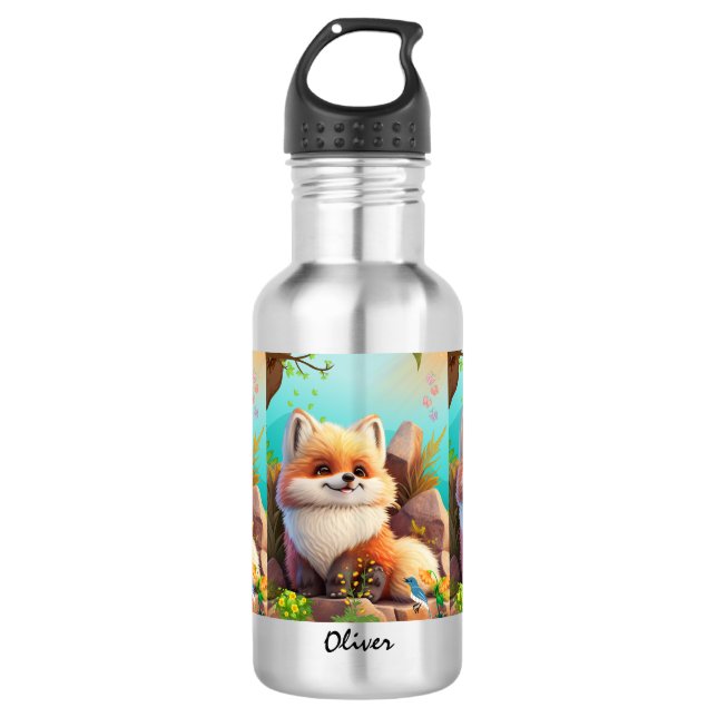 Cute orange fox Woodlands Floral Personalized  Stainless Steel Water Bottle (Front)