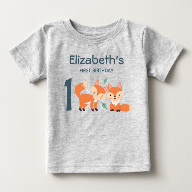 Cute Orange Foxes Graphic Drawing First Birthday Baby T-Shirt (Front)