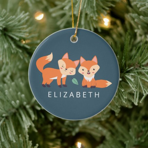Cute Orange Foxes Graphic Illustration Ceramic Ornament