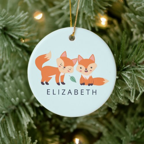Cute Orange Foxes Graphic Illustration Ceramic Ornament