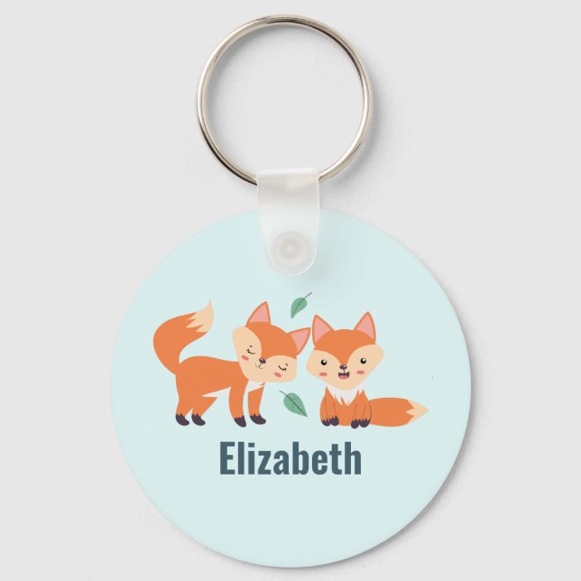Cute Orange Foxes Graphic Illustration Keychain (Front)