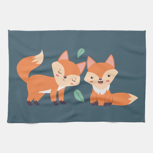 Cute Orange Foxes Graphic Illustration Kitchen Towel (Horizontal)