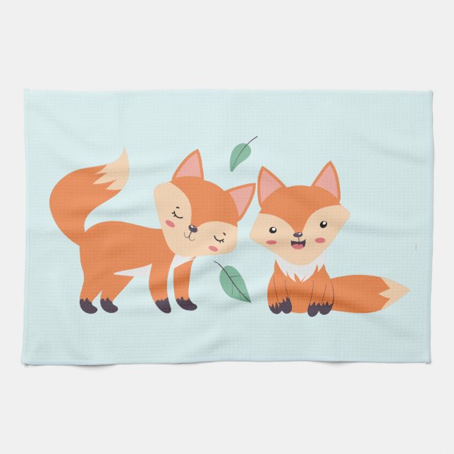 Cute Orange Foxes Graphic Illustration Kitchen Towel (Horizontal)