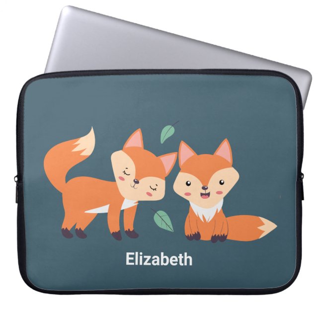Cute Orange Foxes Graphic Illustration Laptop Sleeve (Front)