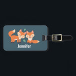 Cute Orange Foxes Graphic Illustration Luggage Tag<br><div class="desc">Personalized luggage tag with a graphic illustration of 2 orange foxes looking cute and happy. Dark green background.</div>
