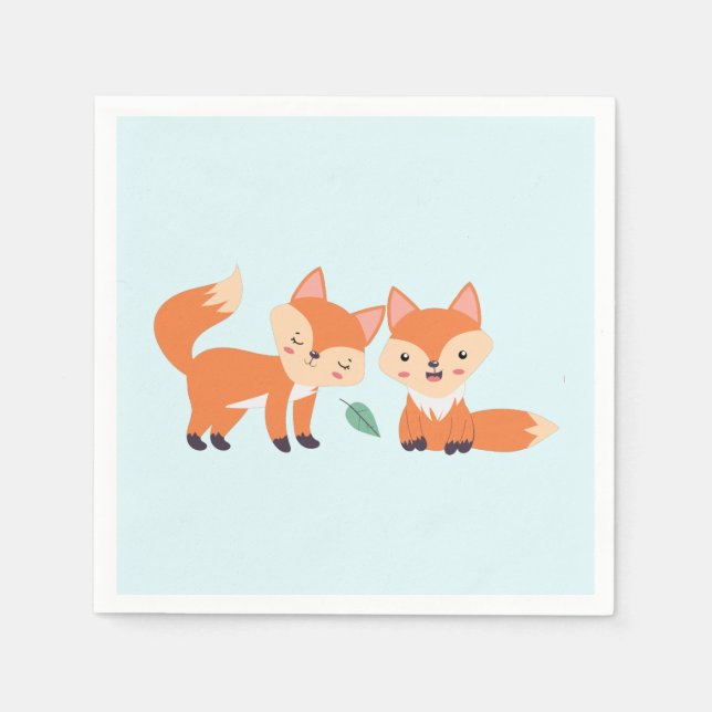 Cute Orange Foxes Graphic Illustration Napkins (Front)