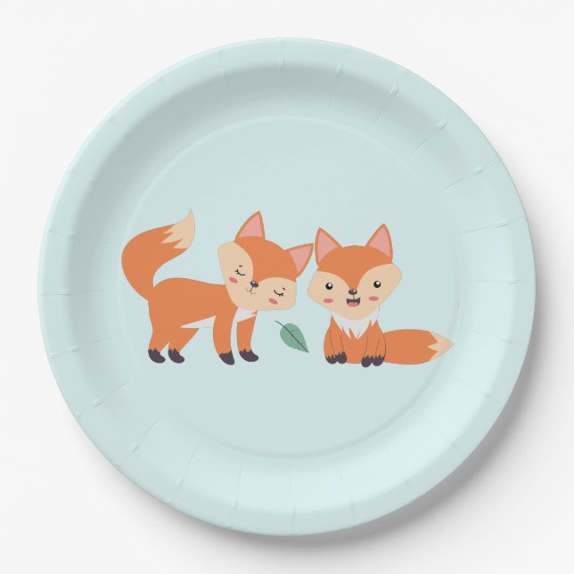 Cute Orange Foxes Graphic Illustration Paper Plates (Front)