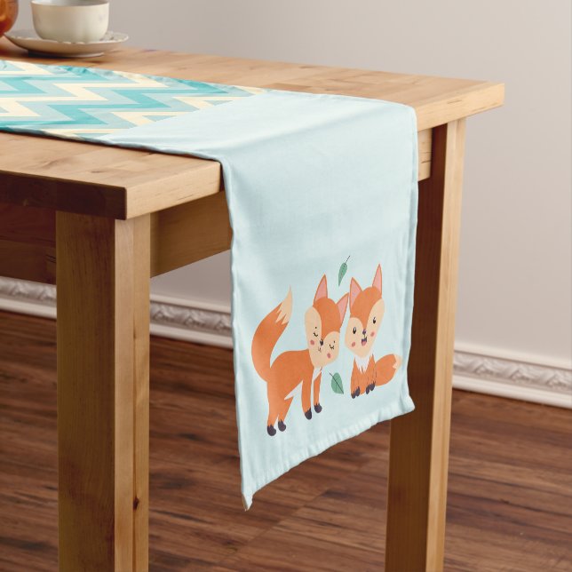 Cute Orange Foxes Graphic Illustration Short Table Runner (In Situ)