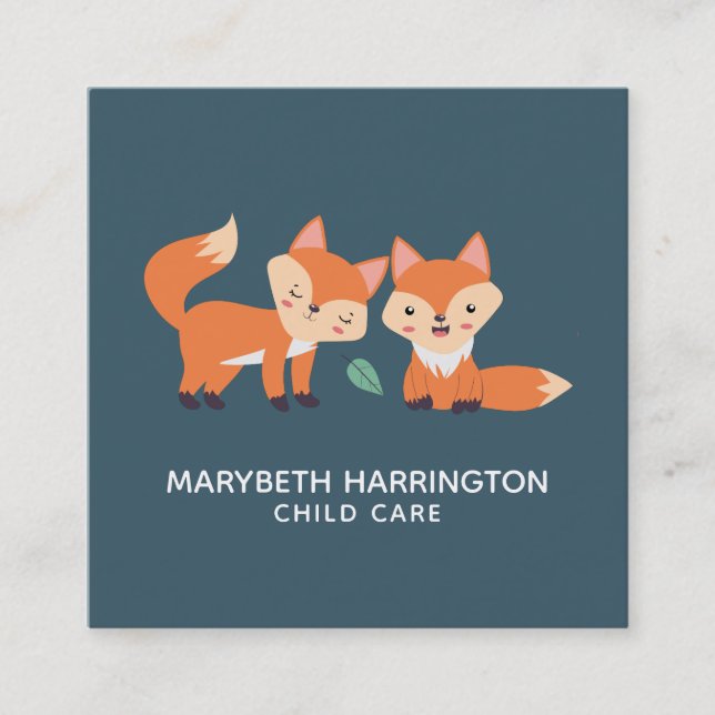 Cute Orange Foxes Graphic Illustration Square Business Card (Front)