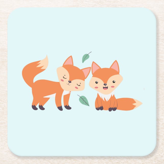 Cute Orange Foxes Graphic Illustration Square Paper Coaster (Front)