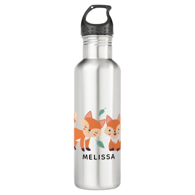 Cute Orange Foxes Graphic Illustration Stainless Steel Water Bottle (Front)