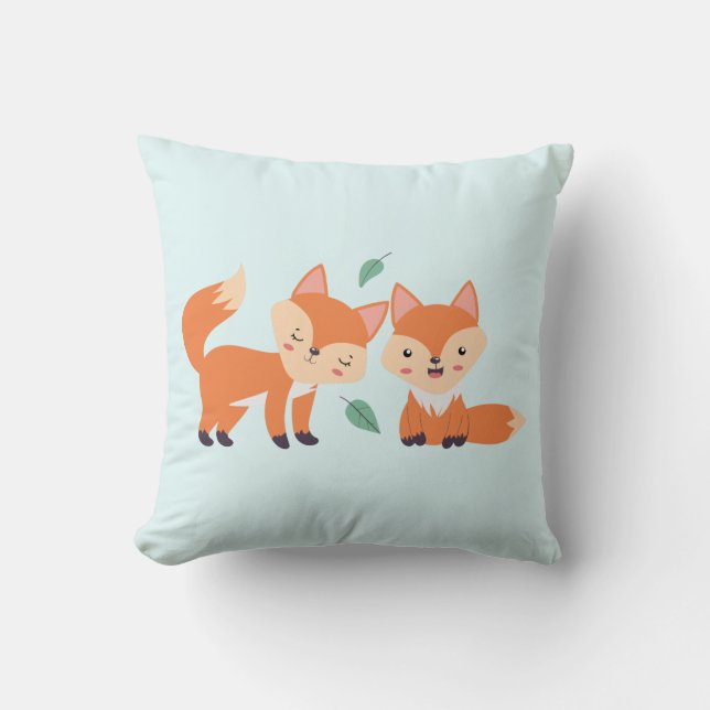 Cute Orange Foxes Graphic Illustration Throw Pillow (Front)