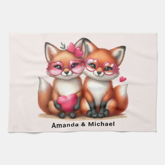 Cute Orange Foxes in Love Kitchen Towel (Horizontal)