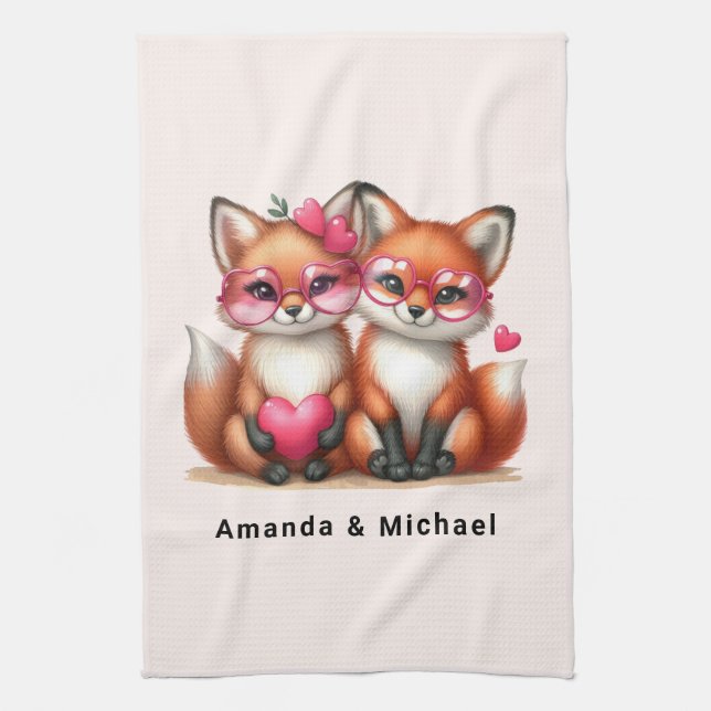 Cute Orange Foxes in Love Kitchen Towel (Vertical)