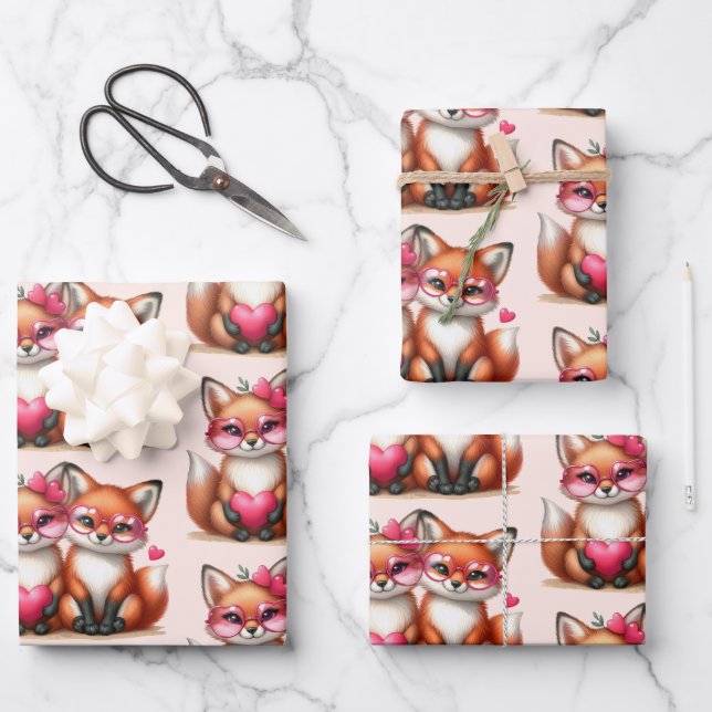 Cute Orange Foxes in Love Pattern Wrapping Paper Sheets (Front)