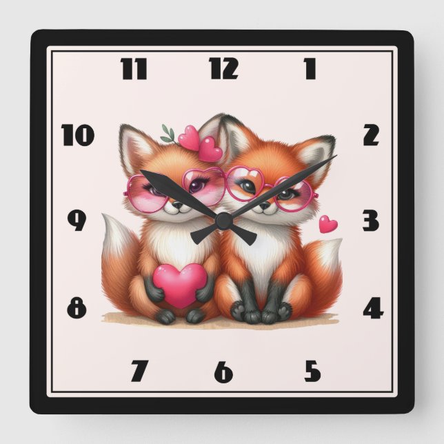 Cute Orange Foxes in Love Square Wall Clock (Front)