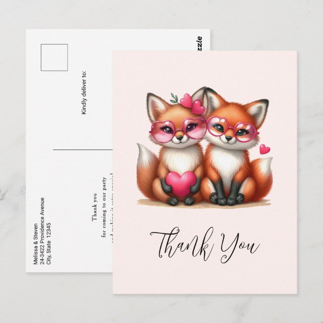 Cute Orange Foxes in Love Thank You Postcard (Front/Back)