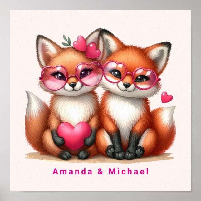 Cute Orange Foxes in Love Valentine's Day Poster (Front)
