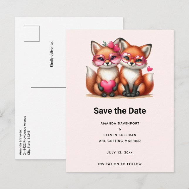 Cute Orange Foxes in Love Wedding Announcement Postcard (Front/Back)