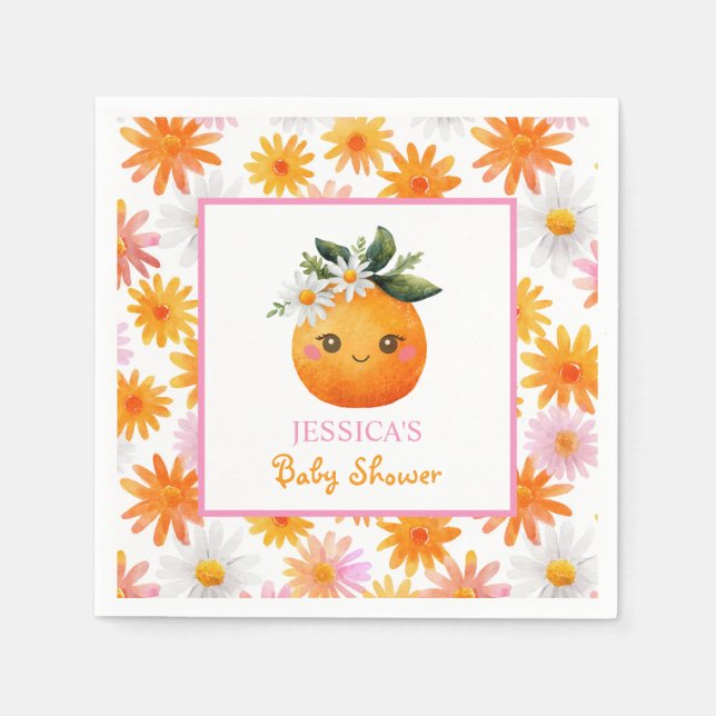 Cute Orange Fruit Pastel Daisies Baby Shower  Napkins (Front)