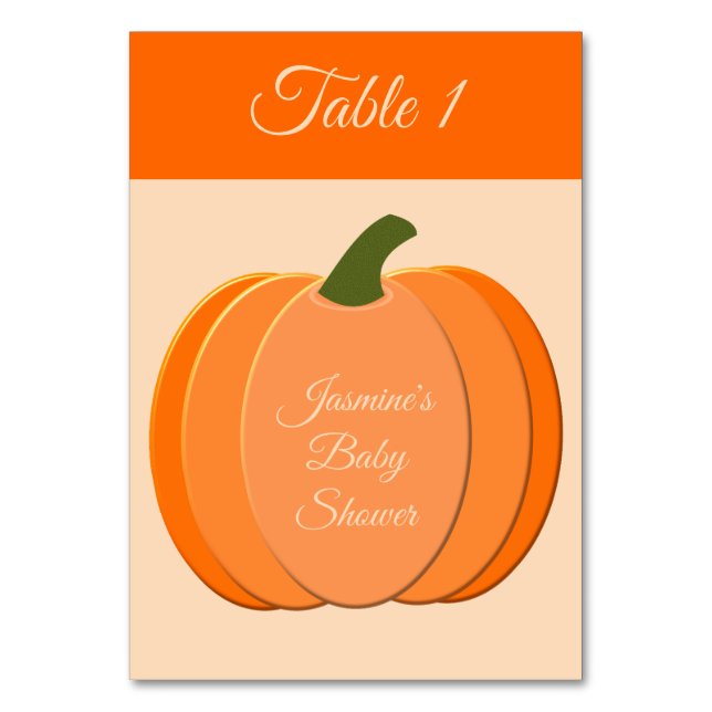 Cute Orange Gender Neutral Pumpkin Baby Shower Table Number (Front)