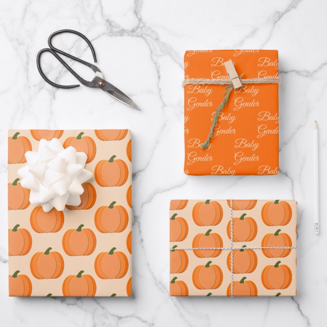 Cute Orange Gender Neutral Pumpkin Custom Pattern Wrapping Paper Sheets (Front)