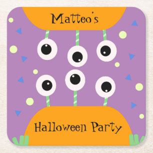 Cute Orange Ghost Confetti Birthday Square Paper Coaster