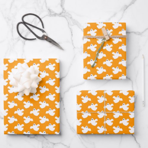 Cute Orange Ghost Halloween Wrapping Paper Sheets
