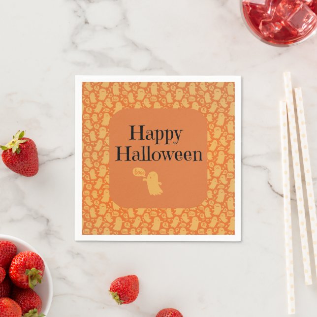 Cute Orange Ghost Happy Halloween Party Napkins (Insitu)