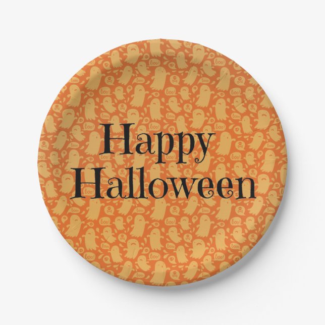 Cute Orange Ghost Happy Halloween Party Paper Plates (Front)
