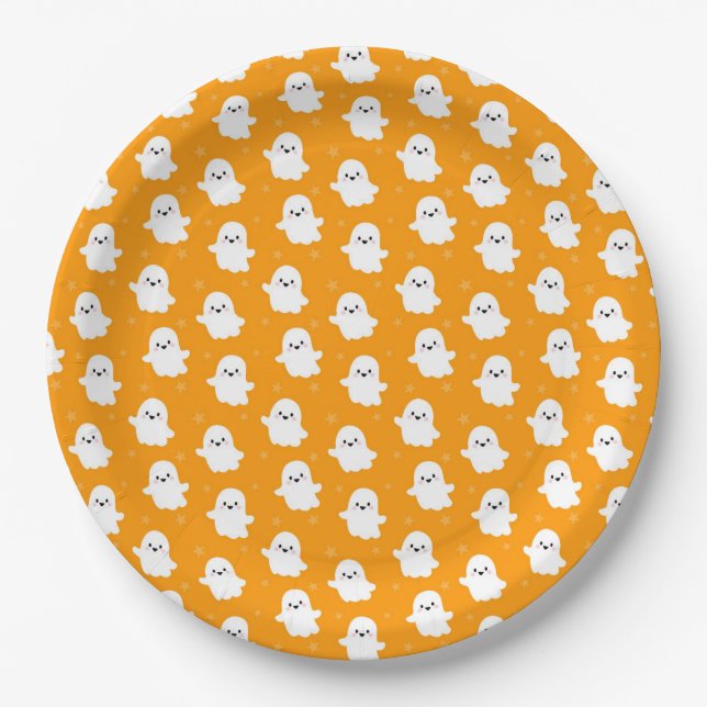 Cute Orange Ghost Pattern – Halloween Design Paper Plates (Front)