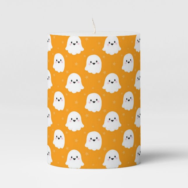 Cute Orange Ghost Pattern – Halloween Design Pillar Candle (Front)