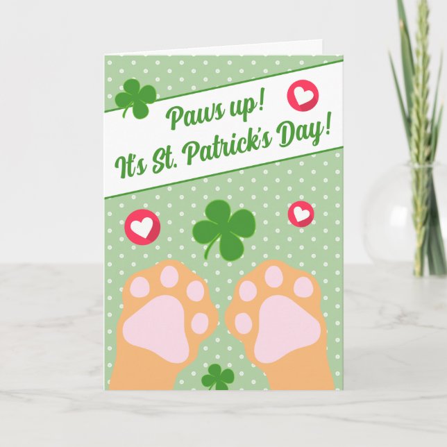 Cute Orange Ginger Cat Paws Up St Patricks Day Holiday Card (Front)