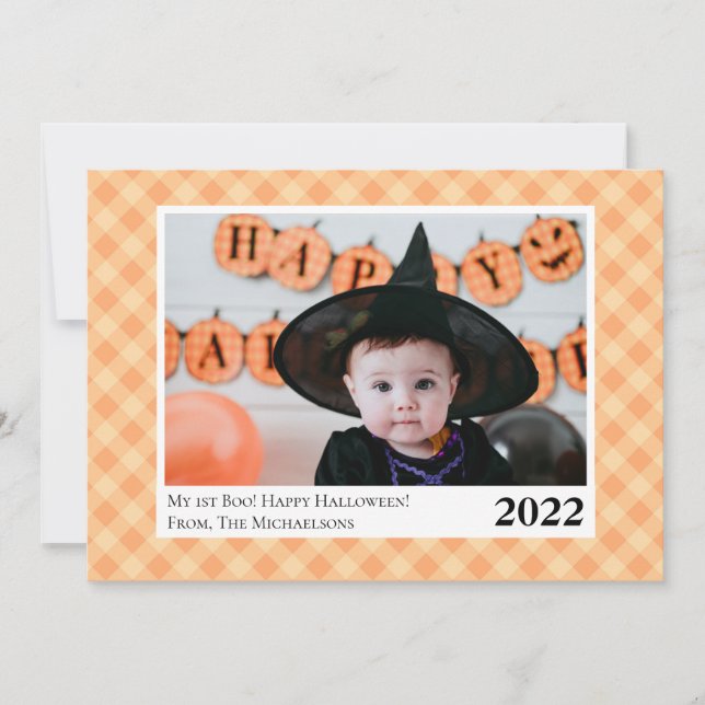 Cute Orange Gingham Plaid Halloween Photo Card (Front)