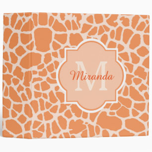 Cute Orange Giraffe Print Monogram and Name Binder