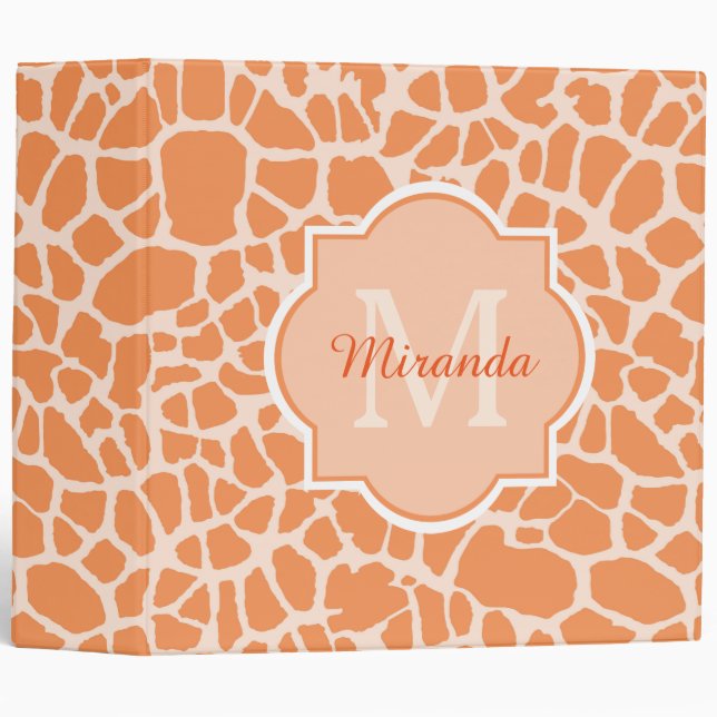 Cute Orange Giraffe Print Monogram and Name Binder (Front/Spine)
