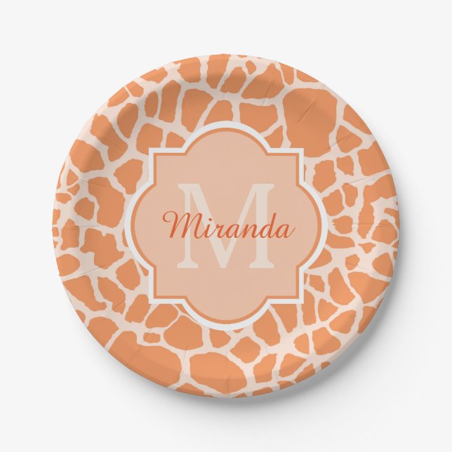 Cute Orange Giraffe Print Monogram and Name Paper Plates (Front)