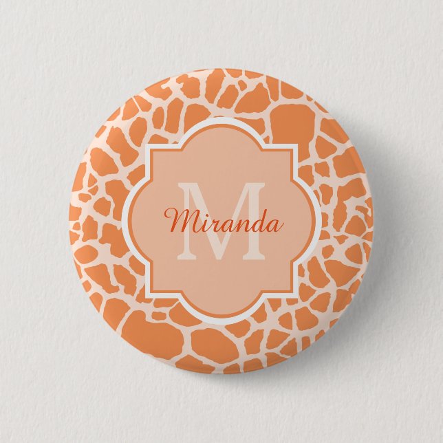 Cute Orange Giraffe Print Monogram and Name Pinback Button (Front)