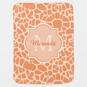 Cute Orange Giraffe Print Monogram and Name Stroller Blanket