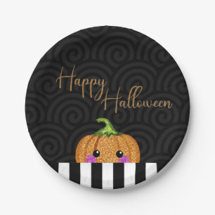 Cute Orange Glitter Pumpkin Halloween Party Paper Plates