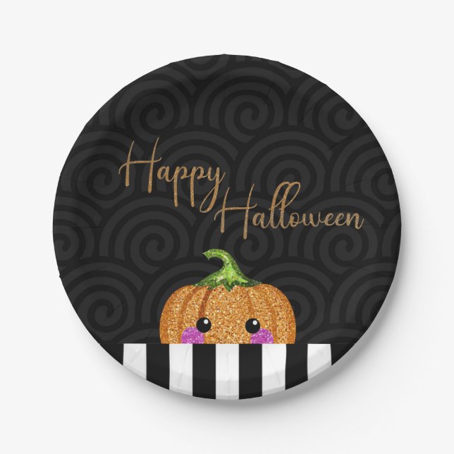 Cute Orange Glitter Pumpkin Halloween Party Paper Plates (Front)