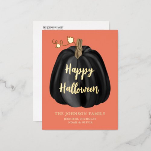 Cute Orange Gold Pumpkin Happy Halloween Foil Holiday Postcard