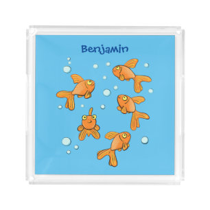 Cute orange goldfish on blue cartoon illustration acrylic tray